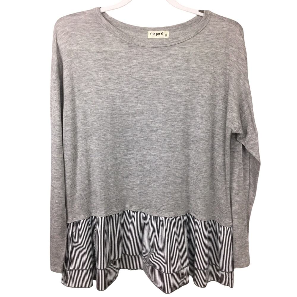 Ginger G Mixed Media Babydoll Women's M Peplum Striped Hem Minimalist Pullover